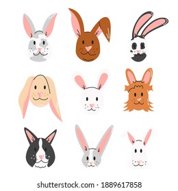 Easter bunny, rabbit faces isolated on white background. Set of cute cartoon animals. Hare breed collection. Design elements for religious holiday, graphic print. Vector flat linear illustration