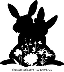 Easter bunny rabbit with flowers love black silhouette vector cut file on isolated background