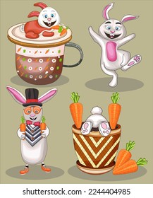 Easter bunny rabbit funny look vector illustration set