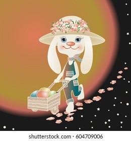 Easter Bunny Rabbit Girl flying by some red planet with egg filled cart in blue overalls and a straw hat. cartoon hare walking the milky way covered with flowers, square vector template artwork print