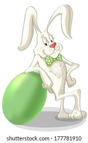 Easter bunny rabbit with green Easter egg on isolated white background. Illustration, vector