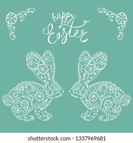 Easter bunny rabbit hand drawn Vintage card. 
Contour Rabbit with decorated with folk ornament and flowers ornate with ethnic pattern. Vector illustration.
