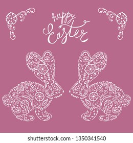 Easter bunny rabbit hand drawn Vintage card. 
Contour Rabbit with decorated with folk ornament and flowers ornate with ethnic pattern. Vector illustration.