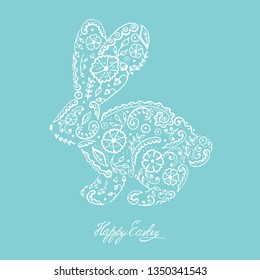 Easter bunny rabbit hand drawn Vintage card. 
Contour Rabbit with decorated with folk ornament and flowers ornate with ethnic pattern. Vector illustration.