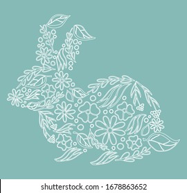 Easter bunny rabbit hand drawn Vintage card. Contour Rabbit with decorated with folk ornament and flowers ornate with ethnic pattern. Vector illustration.