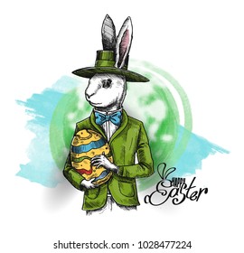 Easter Bunny Rabbit hand holding easter egg, Hand Drawn Sketch Vector illustration.