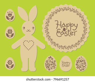 Easter bunny rabbit. Happy Easter laser cut pattern. Laser cutting engraving template for plywood. Cutout. Vector illustration.