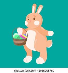 easter bunny. rabbit hare with basket. Easter eggs. stock vector cartoon illustration.
