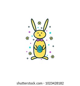 Easter bunny, rabbit  or hare with egg symbols in its paws - flat color line icon on isolated background. Cute holiday animal character vector illustration in thin colorful linear design.  