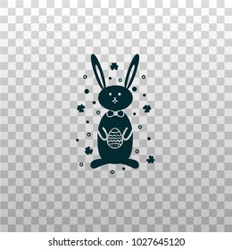 Easter bunny, rabbit  or hare with egg symbols in its paws - black silhouette icon on isolated background. Cute holiday animal character vector illustration in thin colorful linear design.  