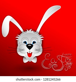 Easter bunny, rabbit, hare on red background. Hand written inscription Happy Easter. 3d vector illustration. Paper cut out style.
