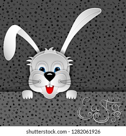 Easter bunny, rabbit, hare on Easter gray seamless pattern background. Handwritten inscription Happy Easter. 3D vector illustration. Paper cut in style.
