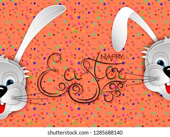 Easter bunny, rabbit, hare on Easter seamless pattern background. Handwritten inscription Happy Easter. 3D vector illustration. Paper cut out style.