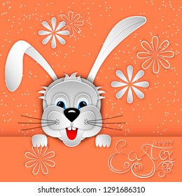 Easter bunny, rabbit, hare on coral background of with white chamomiles and sparkles. Handwritten inscription Happy Easter. 3D vector illustration. Paper cut out style.