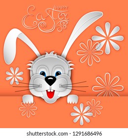 Easter bunny, rabbit, hare on coral background of with white chamomiles. Handwritten inscription Happy Easter. 3D vector illustration. Paper cut out style.