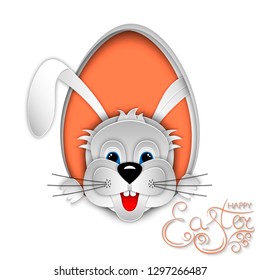 Easter bunny, rabbit, hare on coral background. Handwritten inscription Happy Easter. Rabbit looks out of eggs cut out of paper. 3D vector illustration. Paper cut out style.