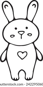 Easter bunny rabbit with heart in doodle style. Coloring book for children