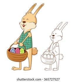 Easter bunny rabbit holding a basket full of egg, vector illustration