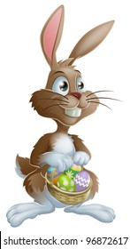 Easter bunny rabbit holding Easter basket full of decorated Easter eggs