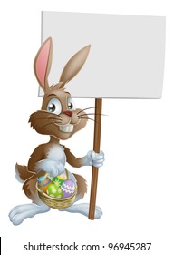 Easter bunny rabbit holding a basket of Easter eggs and a sign