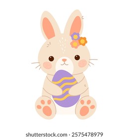 Easter bunny rabbit holding big Easter egg. Flat vector isolated illustration