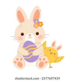 Easter bunny rabbit holding big Easter egg and cute little chick with bunny ears. Flat isolated vector illustration