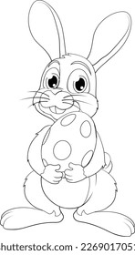 Un conejo conejito de Pascua sostiene una enorme ilustración de la caricatura del huevo de Pascua con chocolate