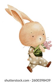Easter Bunny Rabbit holding pink tulip flowers for Happy Easter watercolor greeting card for website,banner,poster,Isolated Hand draw  cute animal watercolour decor element design for holiday festival