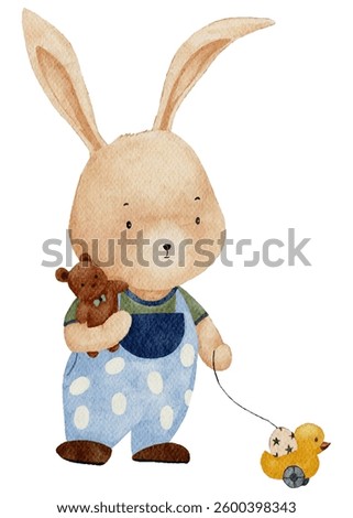 Easter Bunny Rabbit holding teddy bear for Happy Easter watercolor greeting card for website,banner,poster,Isolated Hand draw  cute animal watercolour decor element design for holiday festival