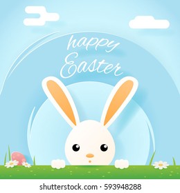 Easter bunny rabbit hole egg icon sky background template flat mobile design vector illustration