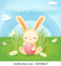 Easter bunny rabbit hole egg icon sky background template flat mobile apps design vector illustration