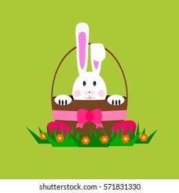 Easter bunny / rabbit inside basket. Isolated easter vector on green background in cartoon retro style.