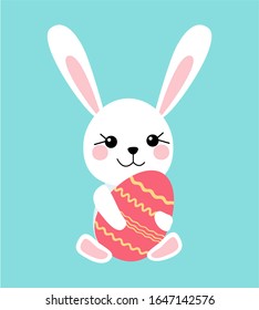 Easter Bunny rabbit on a blue sky background with a red Easter egg. Cartoon vector illustration.