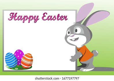 Easter bunny. Rabbit in an orange T-shirt holds a large white sheet with the inscription Happy Easter.