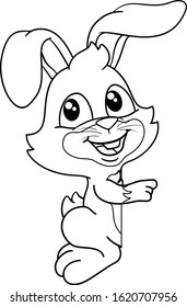 The Easter Bunny Rabbit peeking around a sign background and pointing at it. In black and white outline.