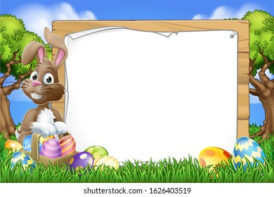 Easter bunny rabbit peeking around a sign and pointing with Easter eggs and basket background cartoon