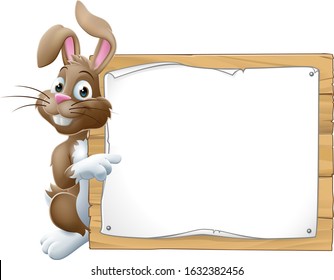 Easter bunny rabbit peeking around a sign and pointing background cartoon