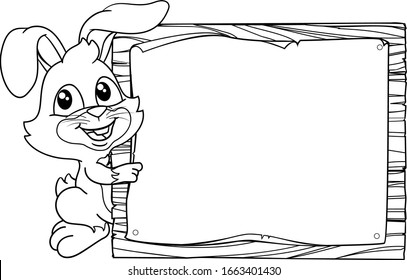 El conejo conejo conejito de Pascua mirando alrededor de un fondo de señas y señalándolo. En el contorno blanco y negro.