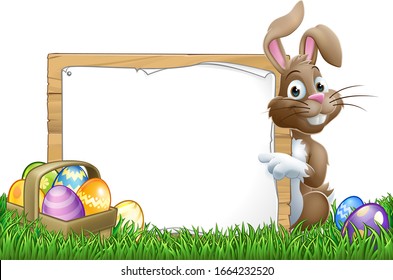 Easter bunny rabbit peeking around a sign and pointing with Easter eggs and basket background cartoon