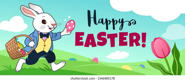 Easter bunny rabbit running in field, carrying basket full of candy eggs, eggs hidden in grass, blue sky with clouds in background, text "Happy Easter", tulip flower. Easter, spring, egg hunt theme.