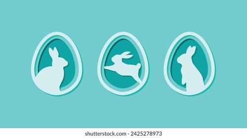 Easter bunny rabbit silhouette inside egg shape. Paper art design vector illustration for happy seasonal holiday decoration elements.