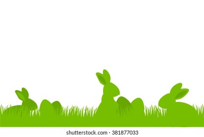 Easter Bunny Rabbit Silhouette Set With Eggs in Fresh Green Grass