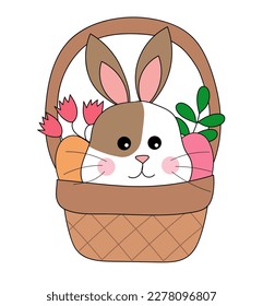 Conejo de Pascua. El conejo se sienta en una cesta con flores y huevos. Ilustración de animales vectores para iconos, pegatinas, postales.
