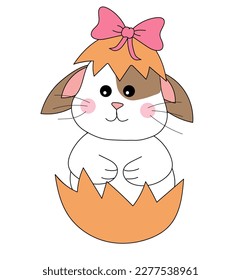 Easter Bunny. The rabbit sits in an eggshell with a bow. Illustration vector animals, easter for icons, stickers, postcards.