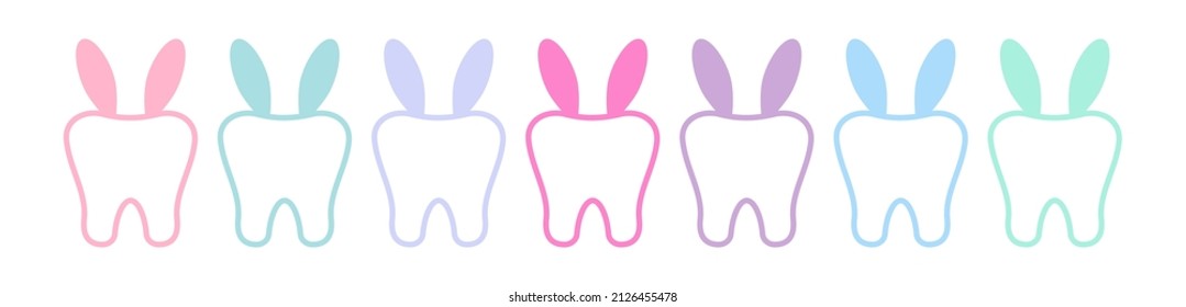 Easter bunny rabbit teeth dental icon set isolated on white background. Dentist easter cute tooth silhouette with bunny ears and space. Flat design cartoon vector dentistry clip art illustration.