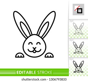 Easter bunny rabbit thin line icon. Holiday poster. Spring banner in flat style. Simple illustration, outline symbol. Linear pictogram. Vector sign isolated on white. Editable stroke icon without fill