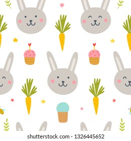 Easter bunny and rabbit vector seamless pattern. Cute kids background with spring holiday elements and funny animals