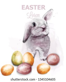 Easter Bunny rabbit Vector watercolor. Cute spring card. Easter holiday greeting