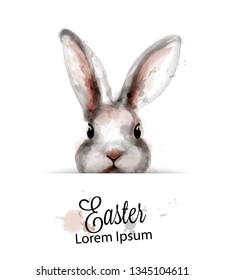 Easter Bunny rabbit Vector watercolor. Cute spring card. Easter holiday greeting