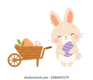 Easter bunny rabbit with wheelbarrow of eggs. Flat vector isolated illustration